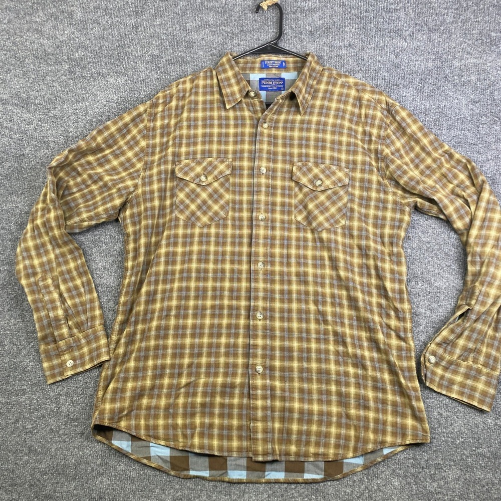 Pendleton Mens Street Shirt L Brown Plaid Cotton Western Yoke Button Down L/S